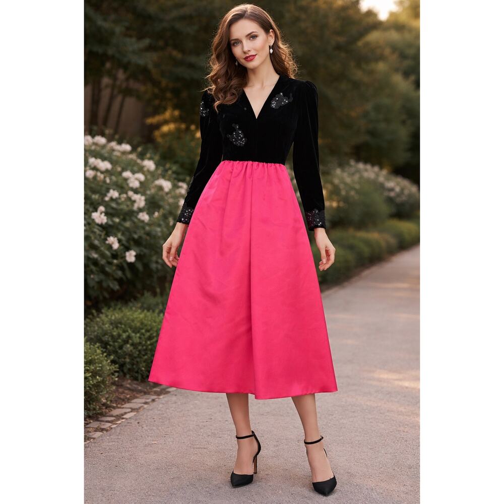 William Pearson Retro 80s Black Velvet Like Pink V-Neck Sequin Dress Size 4 Prom